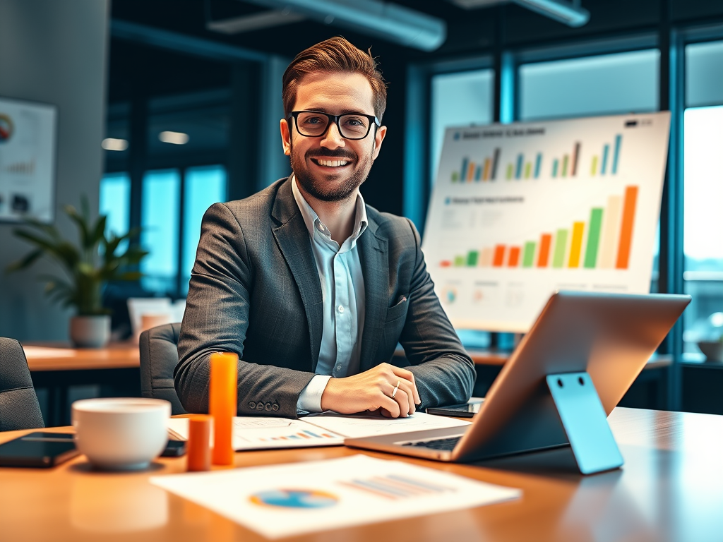 Smiling marketing professional in modern office workspace with laptop and notepad