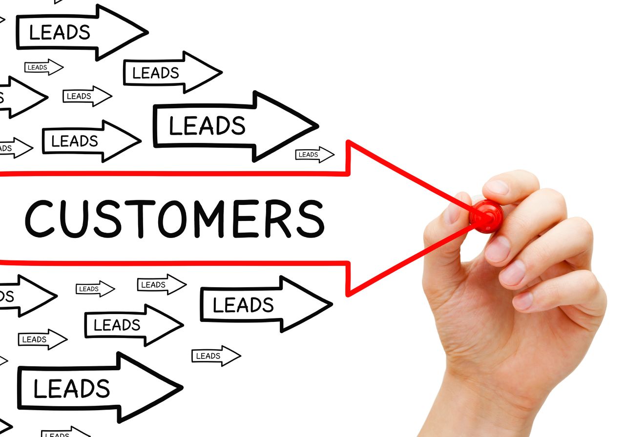 Hand pointing to whiteboard diagram showing leads, customers, and sales flow