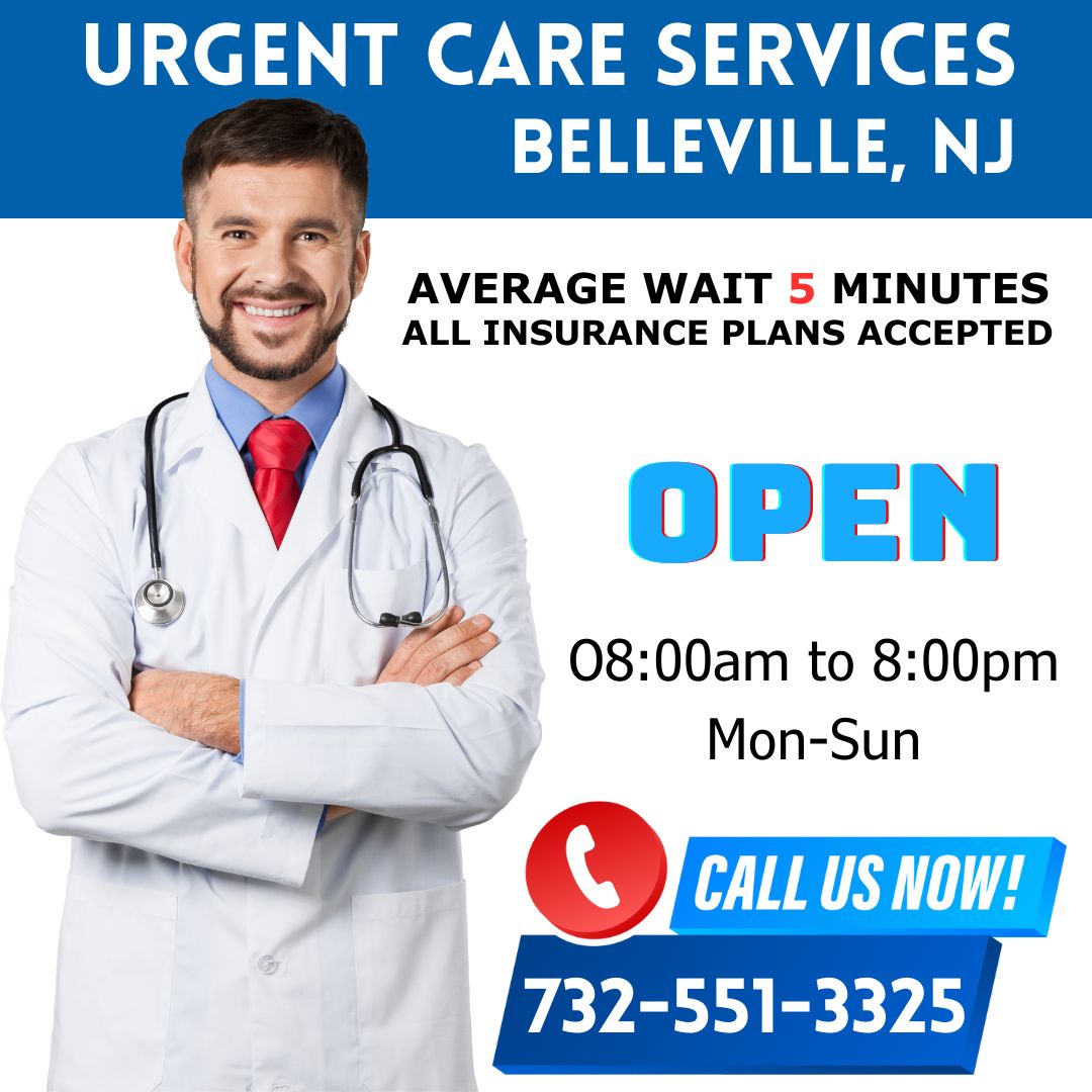A male healthcare professional wearing a white coat and stethoscope stands confidently with his arms crossed, smiling at the camera. The background includes text indicating urgent care services in Belleville, NJ, with an average wait time of 5 minutes, and the clinic is open every day from 08:00 am to 08:00 pm. A call-to-action button prompts viewers to call the clinic.