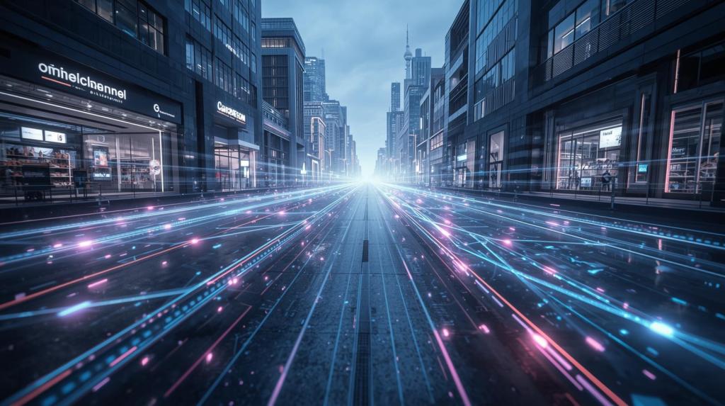 A futuristic city street at dusk, featuring glowing blue and pink light trails resembling digital data flow, with sleek modern buildings lining both sides.