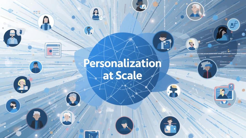 Graphic illustrating the concept of 'Personalization at Scale,' featuring diverse user icons surrounded by digital elements symbolizing interconnectedness and data analytics.