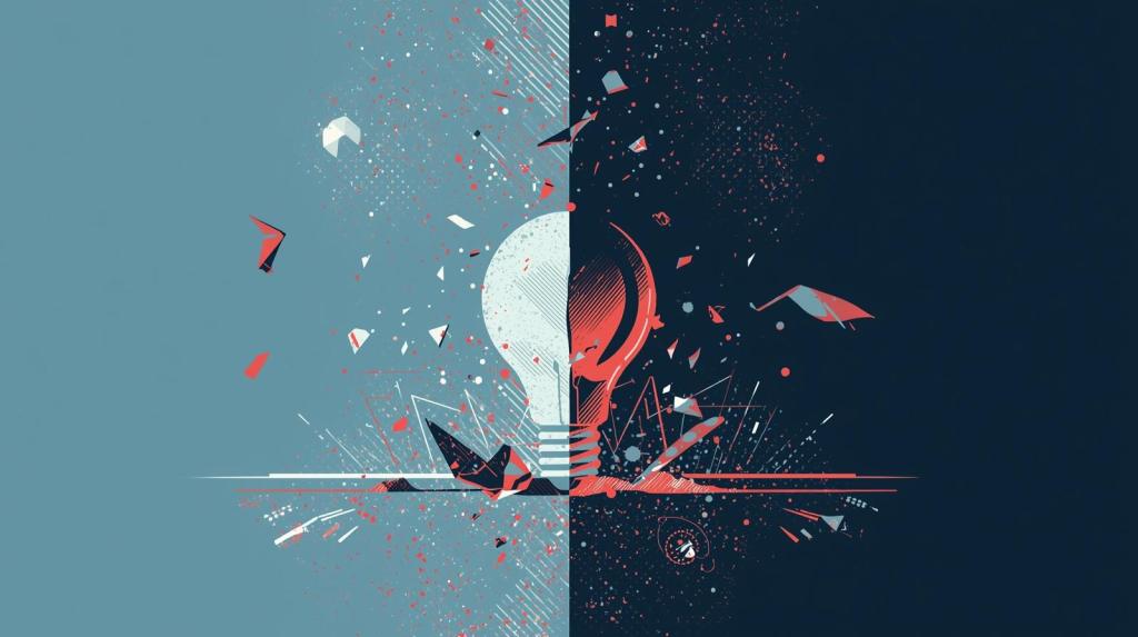 An abstract digital illustration depicting a light bulb split diagonally, with one side in shades of blue and the other in dark tones. The light bulb appears to be shattering, with shards and geometric shapes scattered around, conveying a sense of dynamism and disruption.