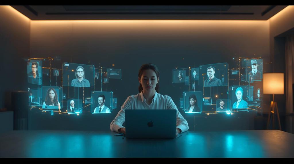 A young woman sits at a desk with a laptop, surrounded by holographic images of diverse professionals, indicating virtual teamwork and collaboration.