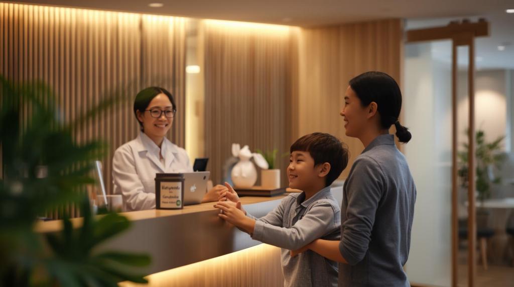 A smiling woman in a lab coat greets a mother and her young son at a reception desk in a modern office setting.