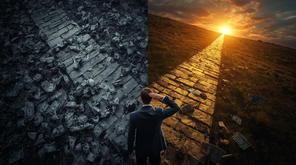A man in a suit stands facing a contrasting landscape: one side depicting a path covered in crumpled money in a dark tone, while the other side shows a well-lit path leading toward a bright horizon, symbolizing the journey from financial loss to growth.