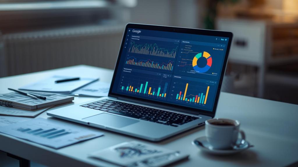 A laptop displaying data analytics and graphical charts, sitting on a desk with a coffee cup and documents.