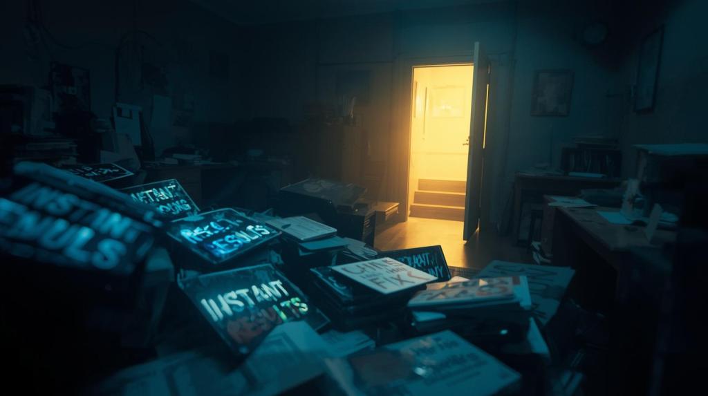 A dimly lit room cluttered with piles of books and papers, featuring visible titles like 'Instant Results' and 'Ultimate Fix.' A bright doorway in the background suggests an exit or opportunity.