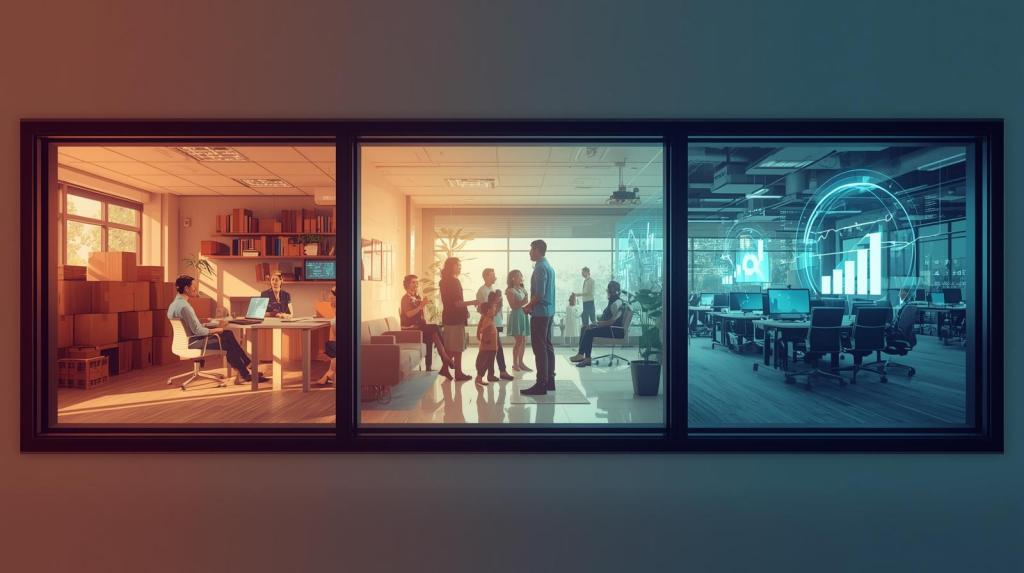 A split view depicting three different office settings: one shows a meeting with people discussing around a table, another with a calm workspace filled with boxes, and the third featuring a modern office environment with digital graphs and coworkers collaborating.
