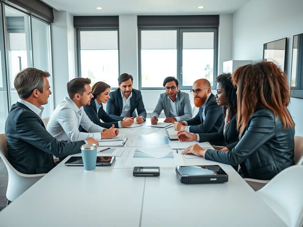 A diverse group of professionals sitting around a conference table in a modern office, engaged in a discussion with documents and charts in front of them.