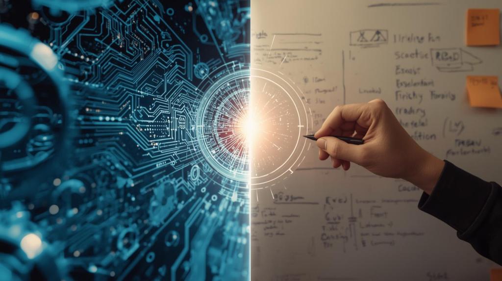 A hand drawing a glowing circular pattern on a digital interface, with complex circuit-like designs in the background, symbolizing the integration of technology and creativity.
