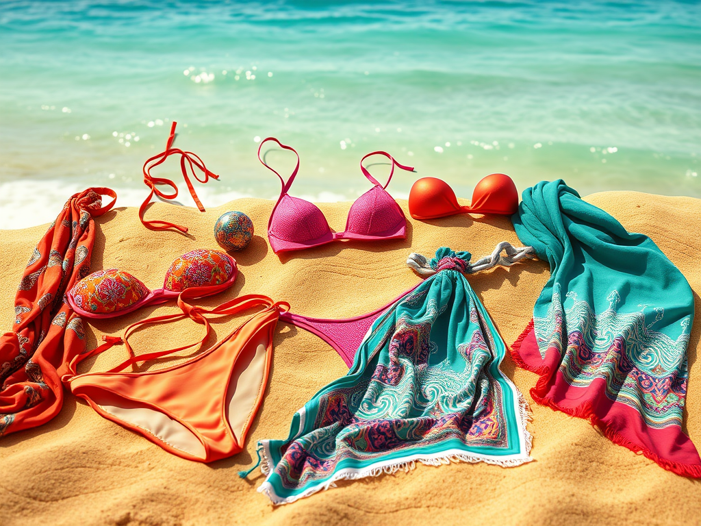 A variety of colorful bikinis and sarongs arranged on a sandy beach, with the ocean in the background.