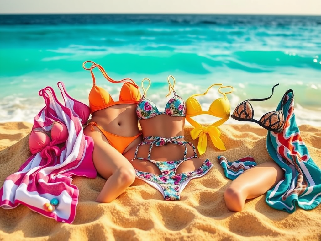 A collection of colorful bikinis and cover-ups arranged on sandy beach, with turquoise ocean waves in the background.