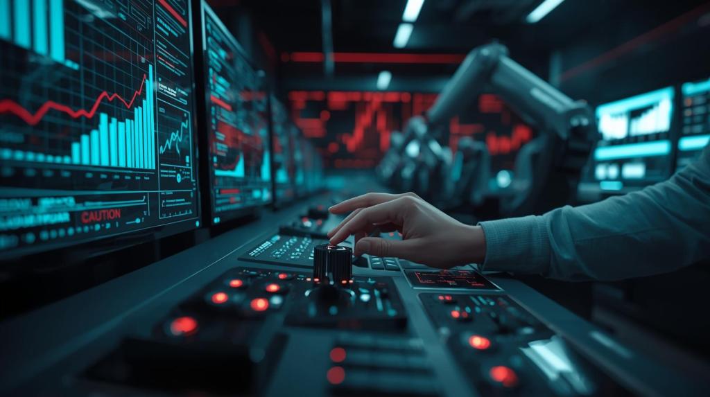 A close-up of a hand adjusting controls on a high-tech dashboard displaying various data analytics, graphs, and digital interfaces in a darkened environment.