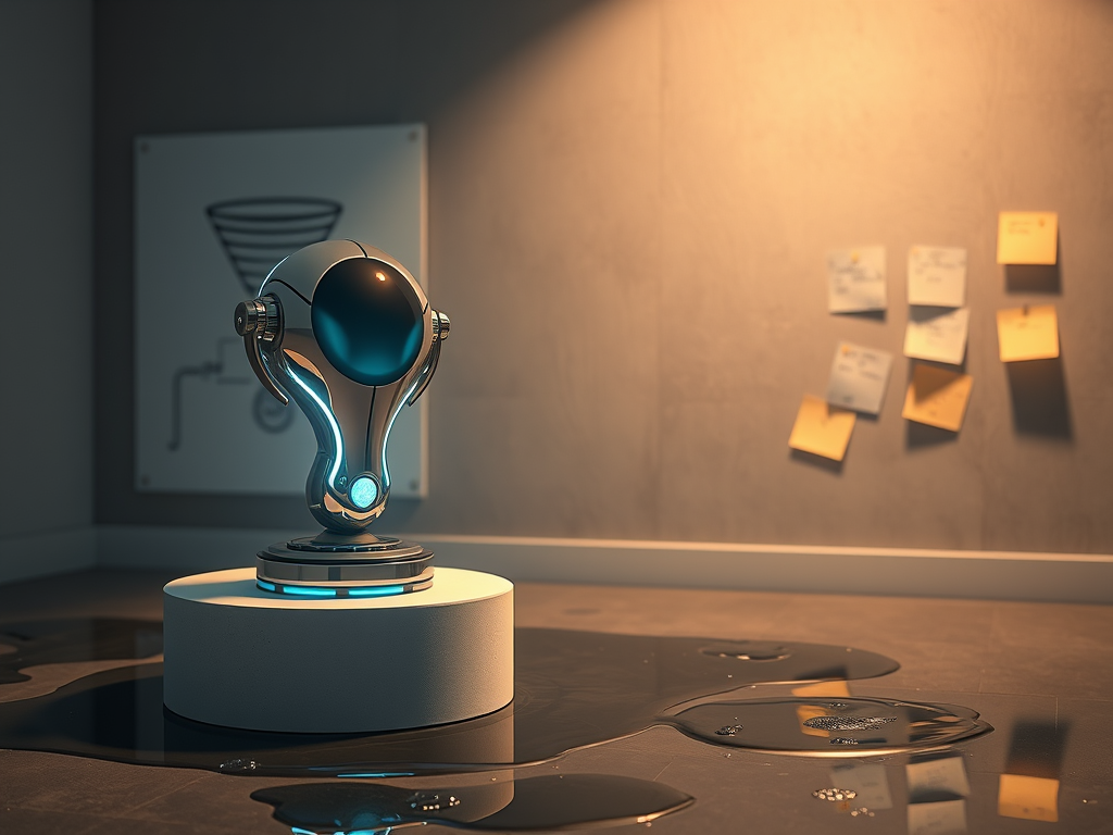 A futuristic robot sculpture on a pedestal in a modern office space, with notes on a wall in the background and a reflective liquid on the floor.