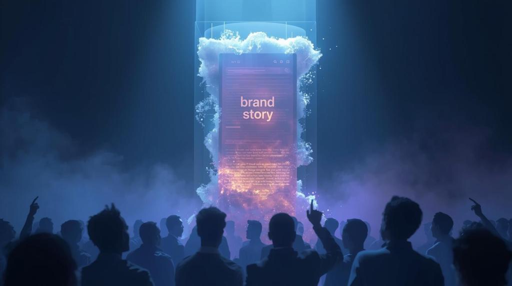 An audience gathered in a dark environment, watching a glowing screen displaying the words 'brand story' amidst colorful smoke.