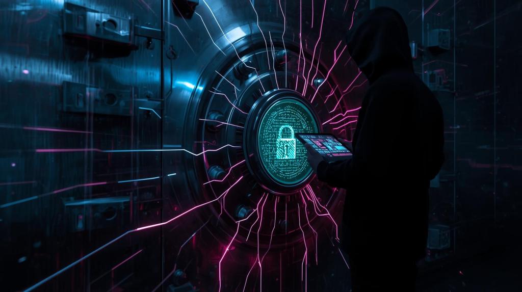 A hooded figure stands before a high-tech vault door, illuminated by glowing pink and blue lines, while holding a tablet displaying a lock symbol.