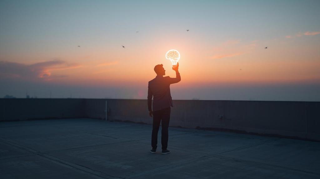 A person in a suit holding a glowing brain icon against a sunset backdrop, symbolizing creativity and innovation.
