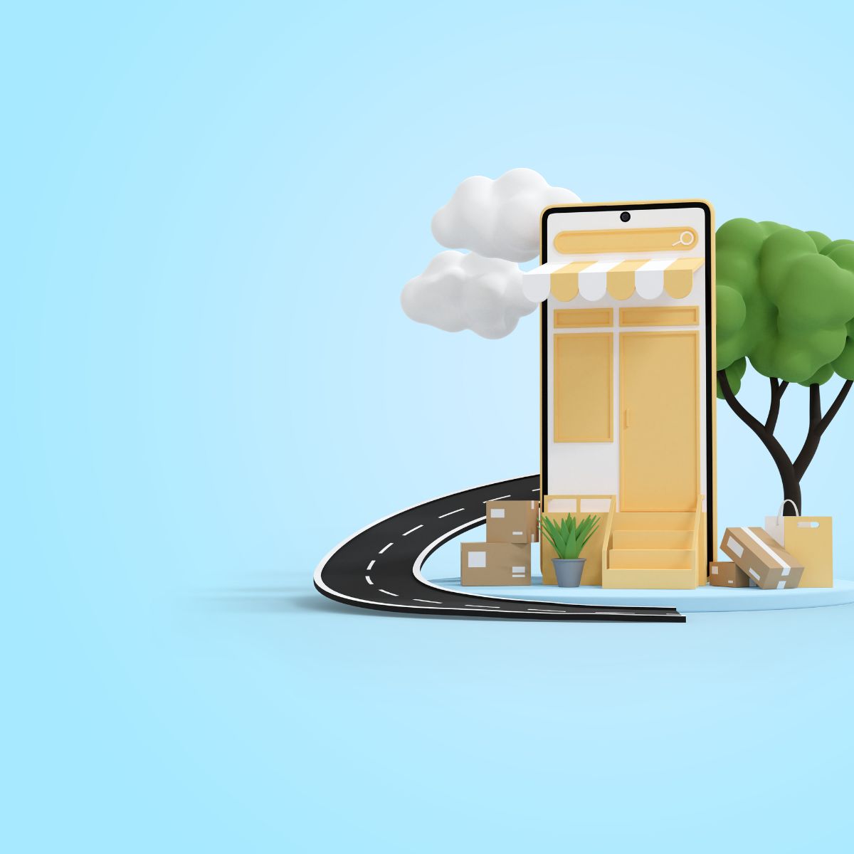 A 3D illustration of a storefront displayed on a smartphone, surrounded by trees, boxes, and a winding road against a blue background.