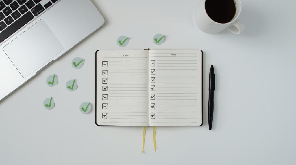 A flat lay image featuring an open notebook with checklists, a pen, a laptop, and a cup of coffee on a white surface. Surrounding the notebook are green check-mark stickers.