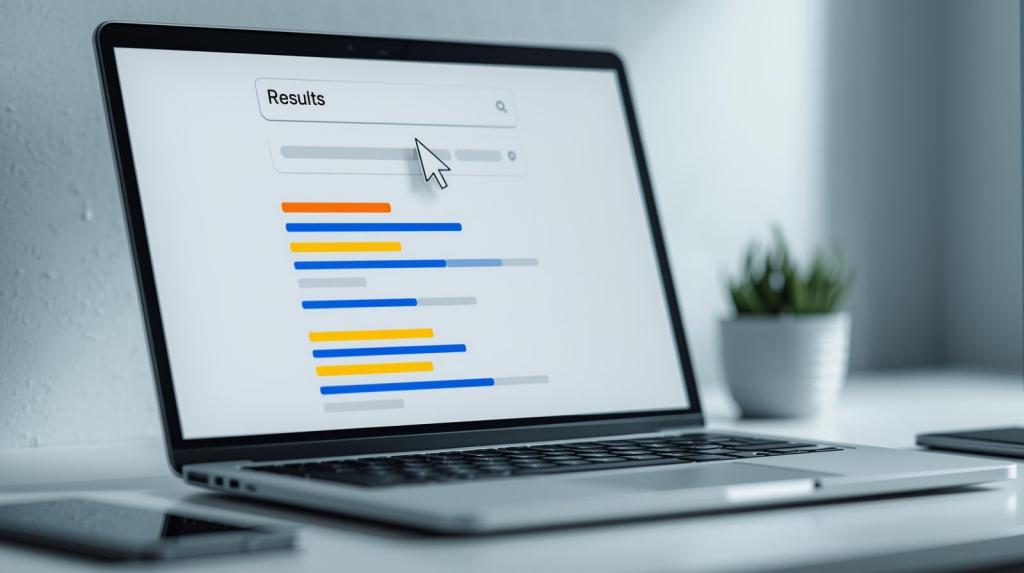 A laptop displaying a search results page with a cursor hovering over the search bar and colored lines indicating results.