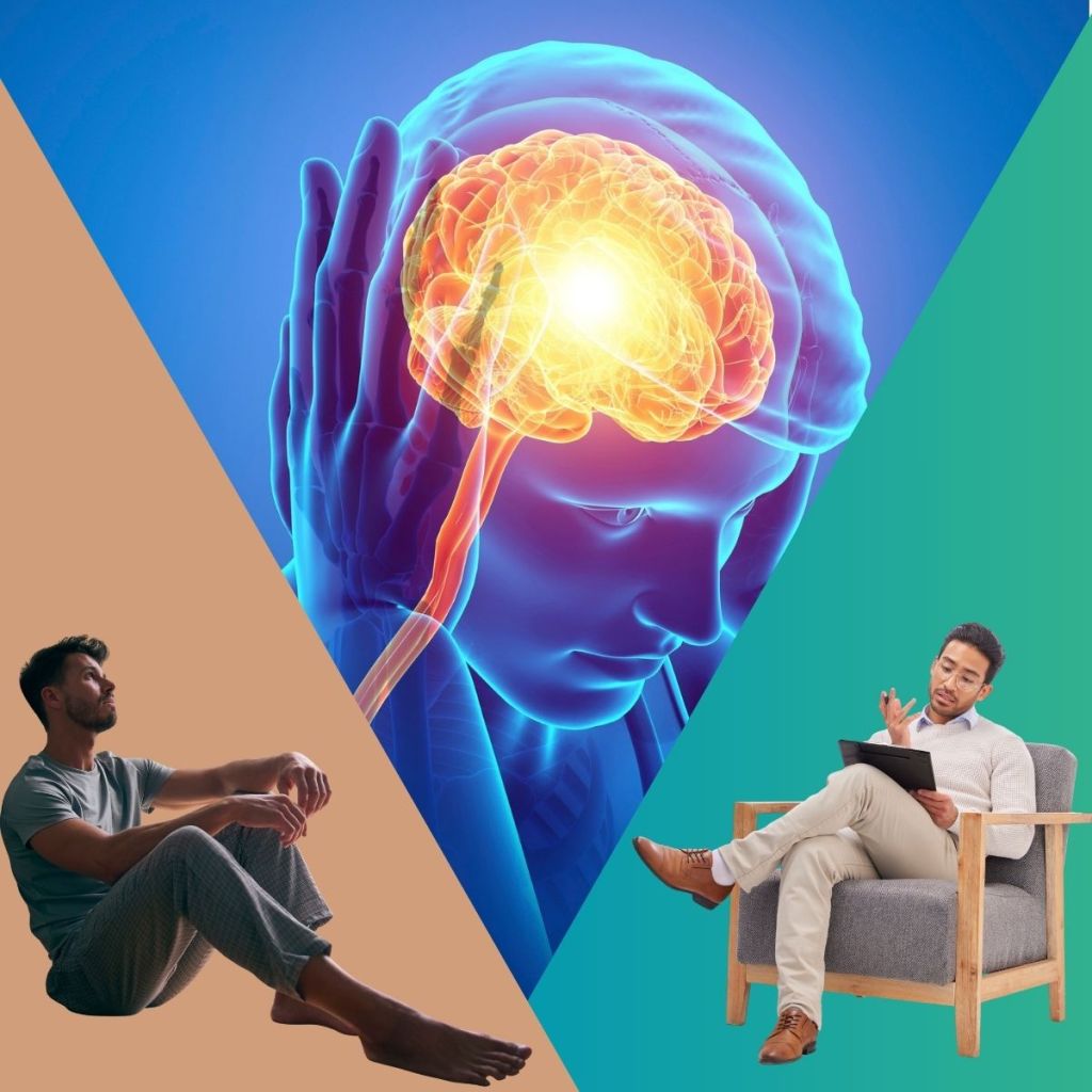 A split image depicting a person sitting in a contemplative pose on the left, an illustration of a brain representing mental health in the center, and a therapist in a chair engaging with a patient on the right.