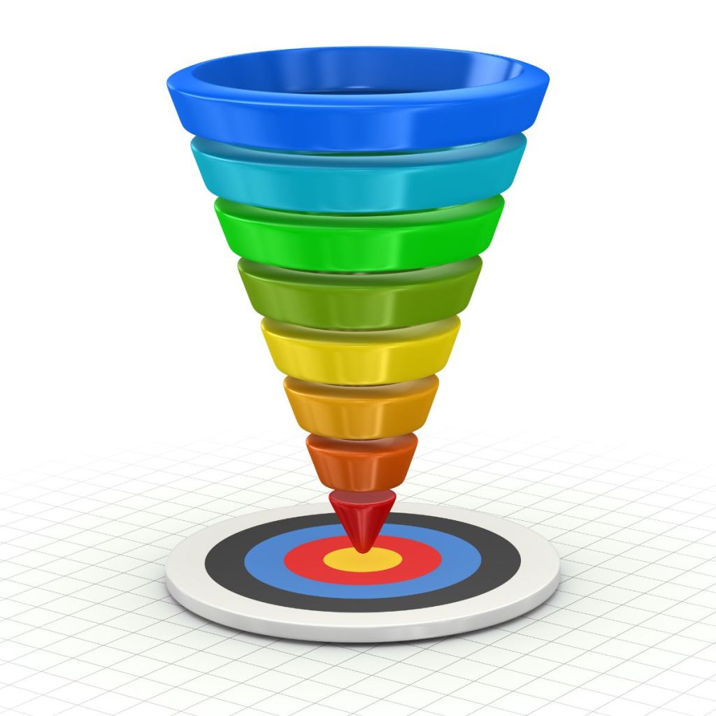 A colorful marketing funnel illustration, featuring multiple layers in shades of blue, green, yellow, orange, and red, pointing downwards towards a target with concentric circles of red, yellow, and blue.