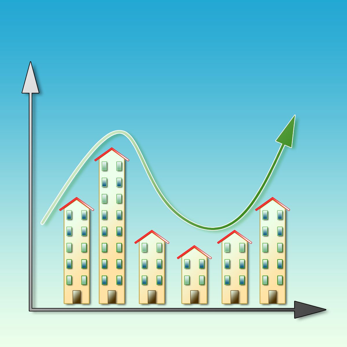 An illustration of a graph showing upward growth, featuring stylized buildings with red roofs and green arrows indicating increase, set against a blue gradient background.
