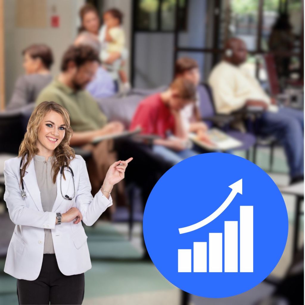 A healthcare professional with a stethoscope points to a growth chart on a blue background, while patients sit in a waiting area in the background.