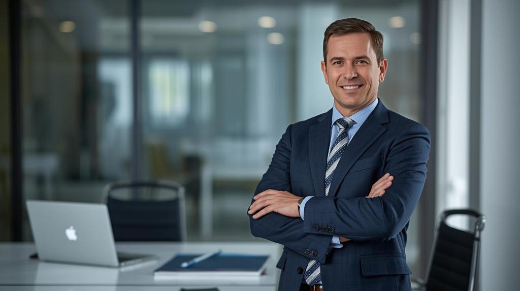 A smiling businessman in a suit standing confidently with arms crossed in an office environment, with a laptop and document on the desk.
